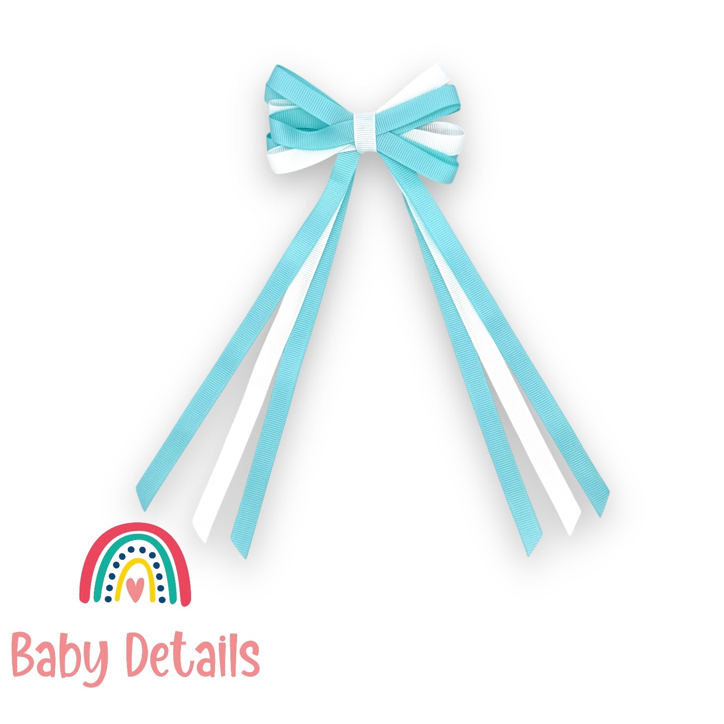 Thin Bow Long Ribbon Hair Clip - Aqua Green & White