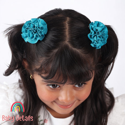 Set of 2 Rosette Bow Hair Clips - Pacific Blue