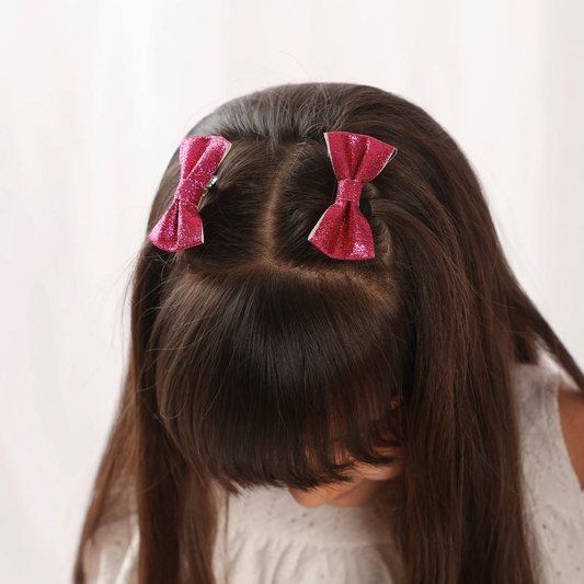 Set of 2 Glitter Bow Hair Clip - Fucshia