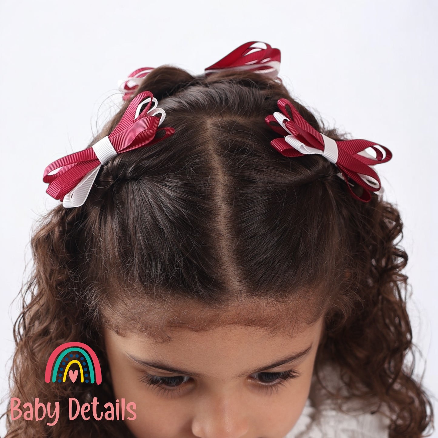 Set of 2 Thin Bow Hair Clips - Maroon & White