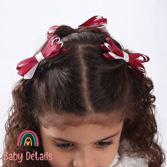 Set of 2 Thin Bow Hair Clips - Maroon & White
