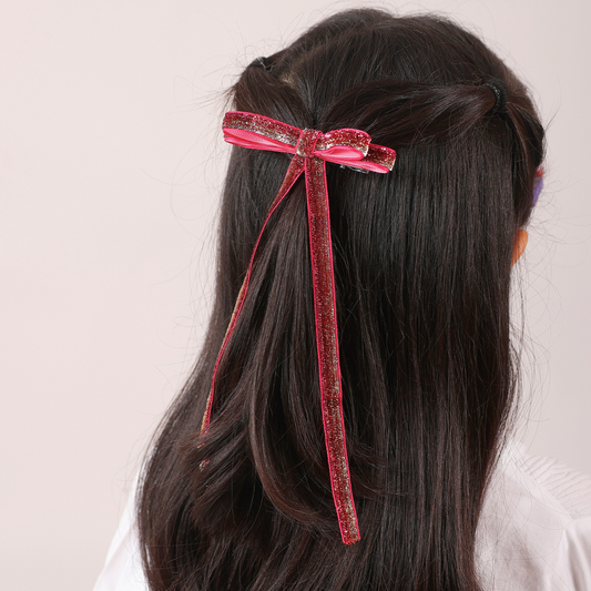 Shiny Ribbon Hair Clip - Shades of Pink & Silver & Gold