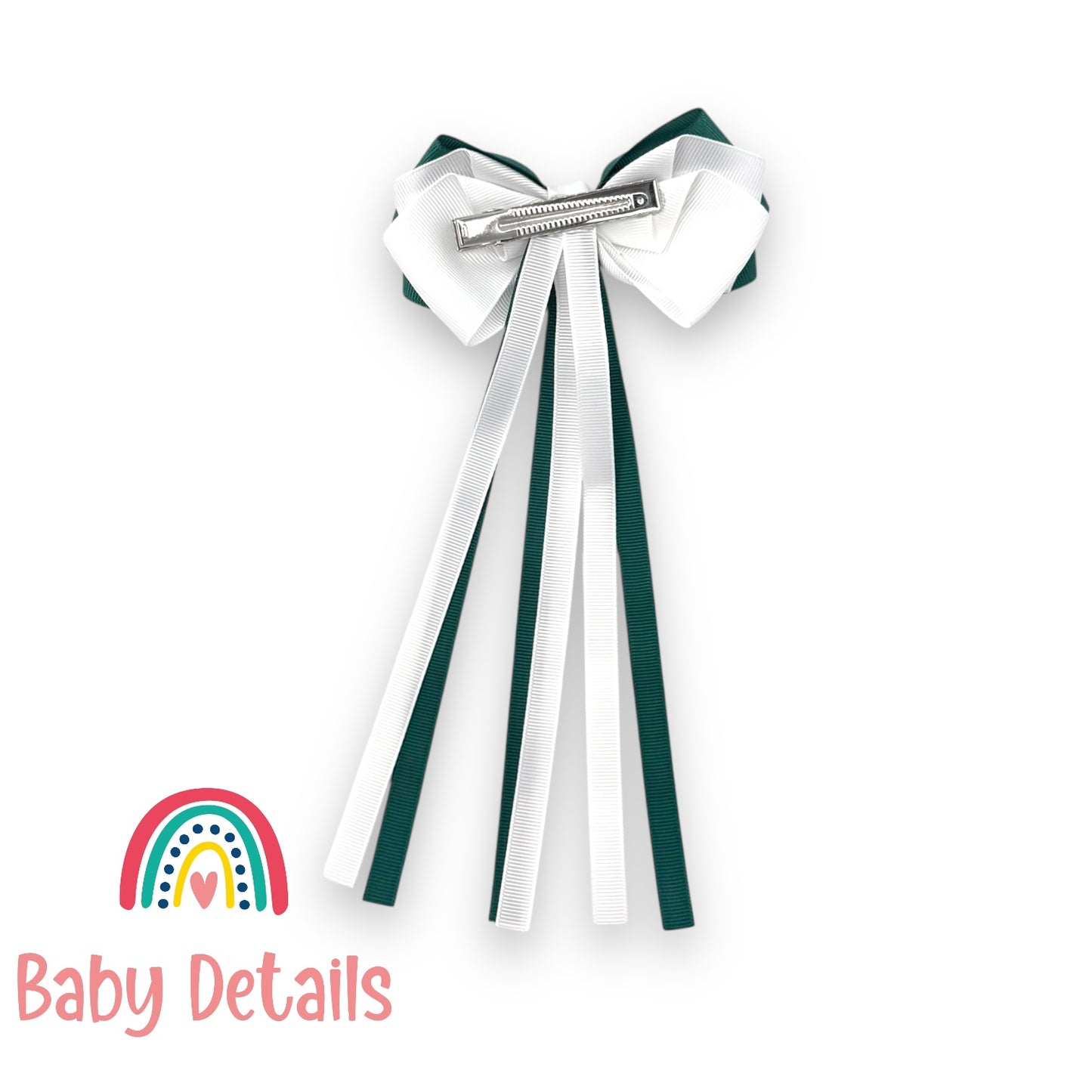 Big Bow Layers with Long Ribbons - Dark Green & White