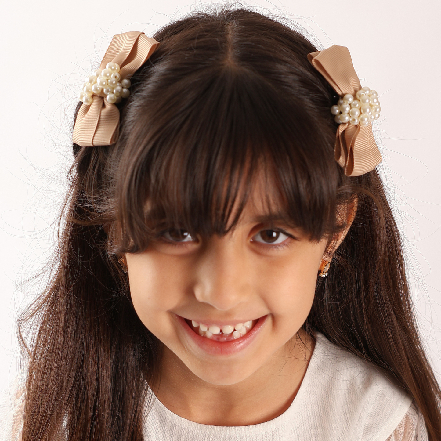 Set of 2 Pearl Ribbon Hair Clip - Beige