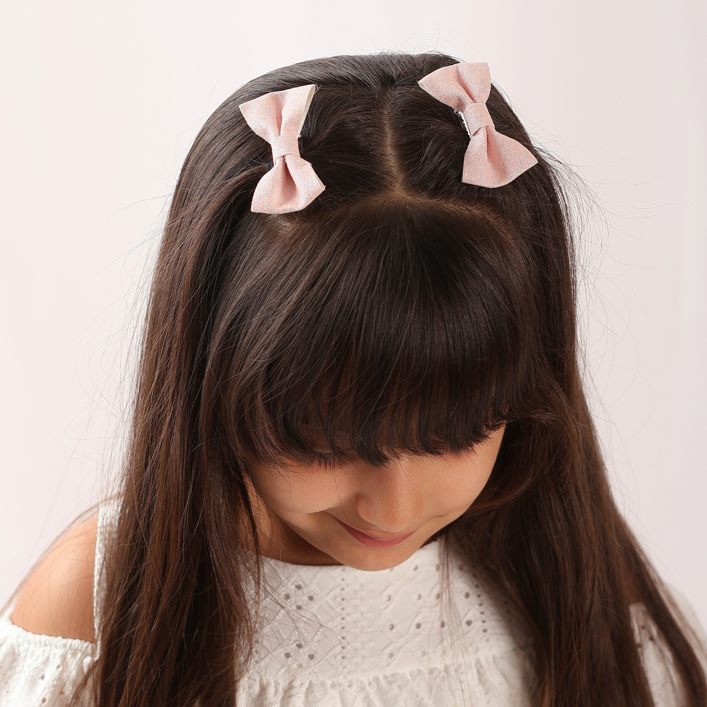 Set of 2 Glitter Bow Hair Clip - Pearl Pink
