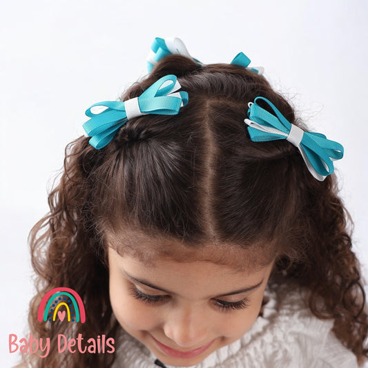 Set of 2 Thin Bow Hair Clips - Pacific Blue & White