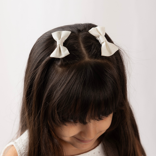 Set of 2 Glitter Bow Hair Clip - Pearl