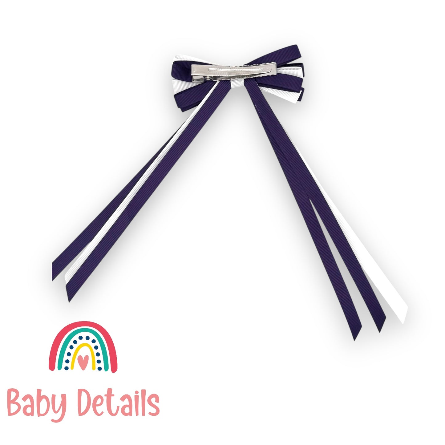 Thin Bow Long Ribbon Hair Clip - Dark Purple & White