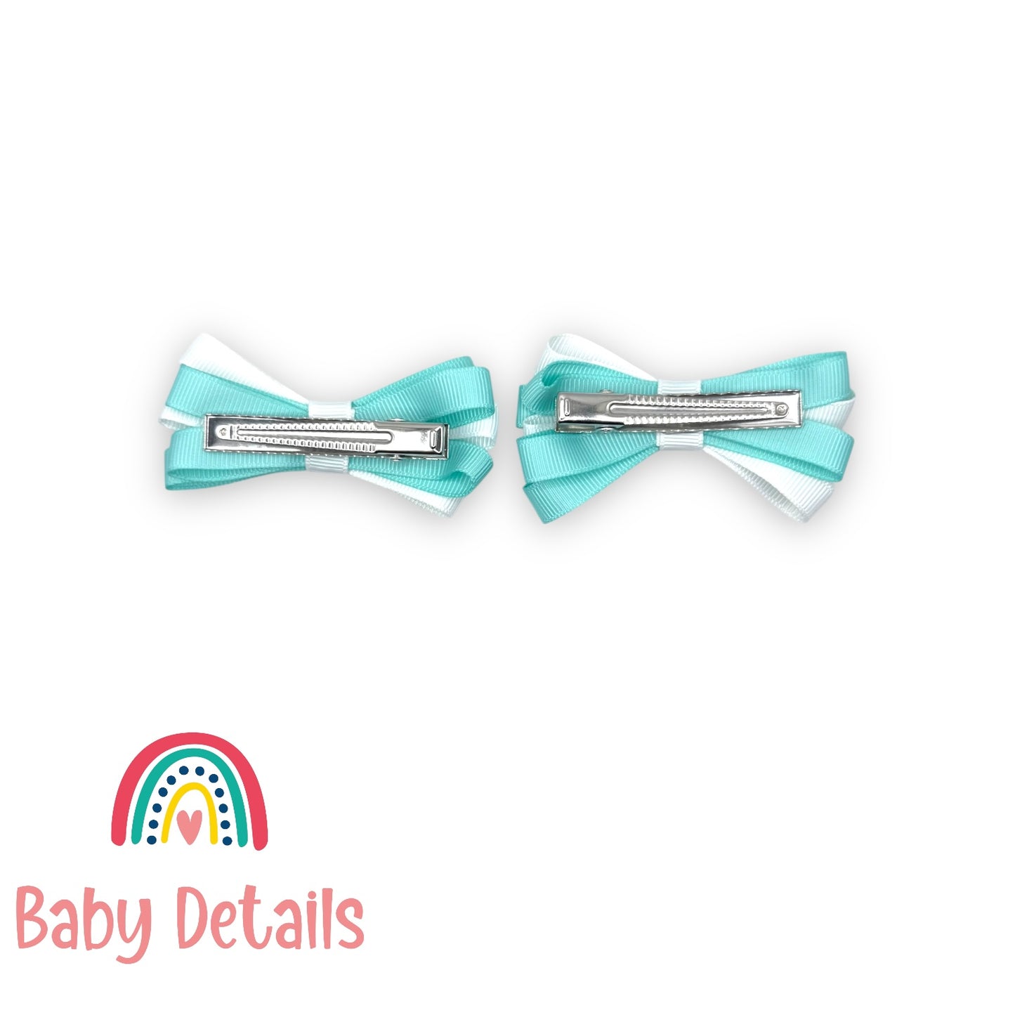 Set of 2 Thin Bow Hair Clips - Aqua Green & White