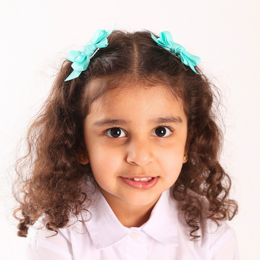 Set of 2 Mini Puff Bow Hair Clips - Aqua Green