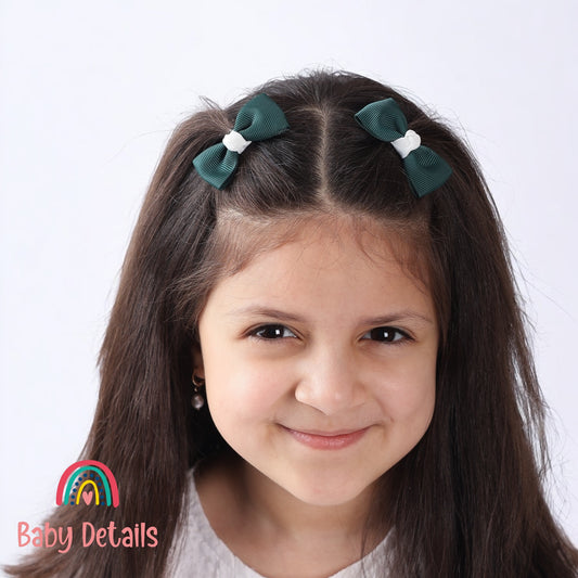 Set of 2 Mini Elegant Bow Hair Clips - Deep Green & White