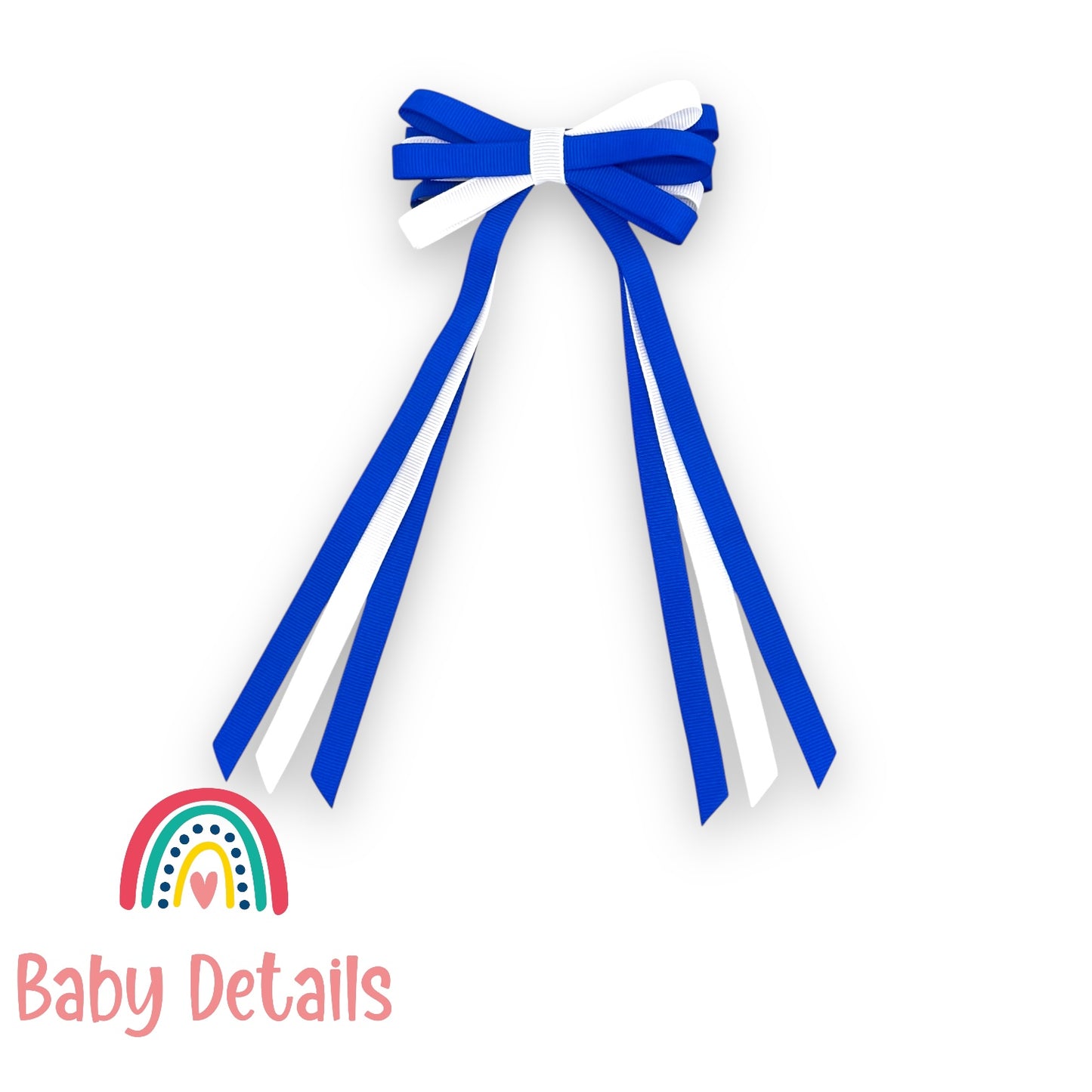 Thin Bow Long Ribbon Hair Clip - Royal Blue & White