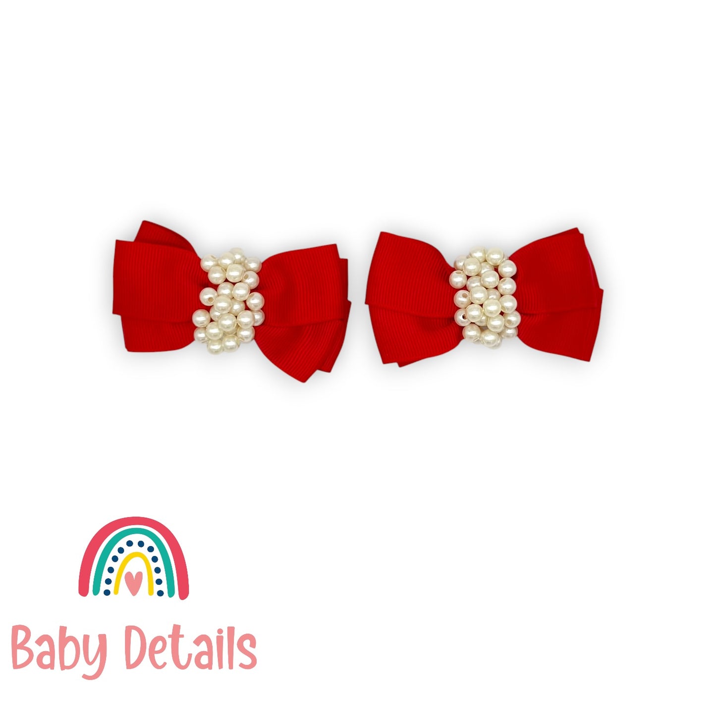 Set of 2 Pearl Ribbon Hair Clip - Red