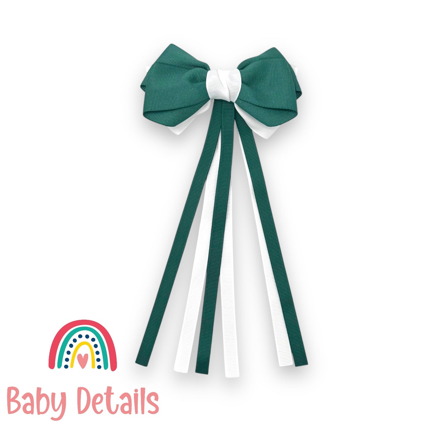 Big Bow Layers with Long Ribbons - Dark Green & White