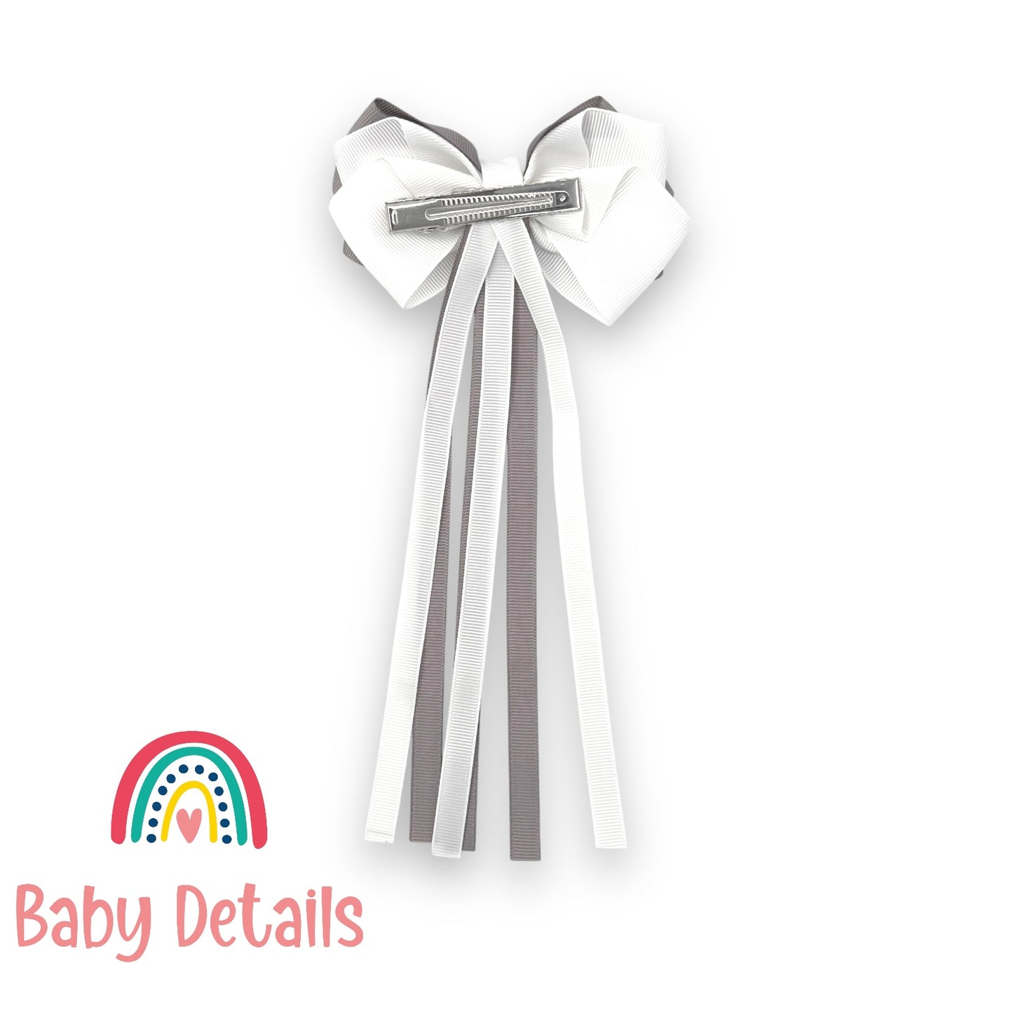 Big Bow Layers with Long Ribbons - Light Grey & White