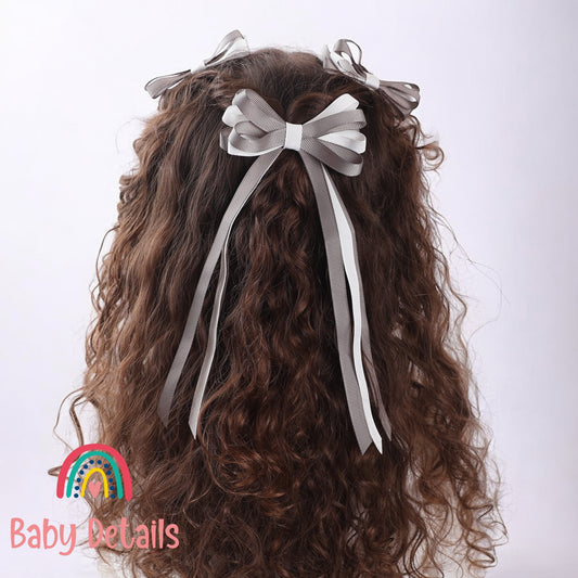 Thin Bow Long Ribbon Hair Clip - Dark Grey & White