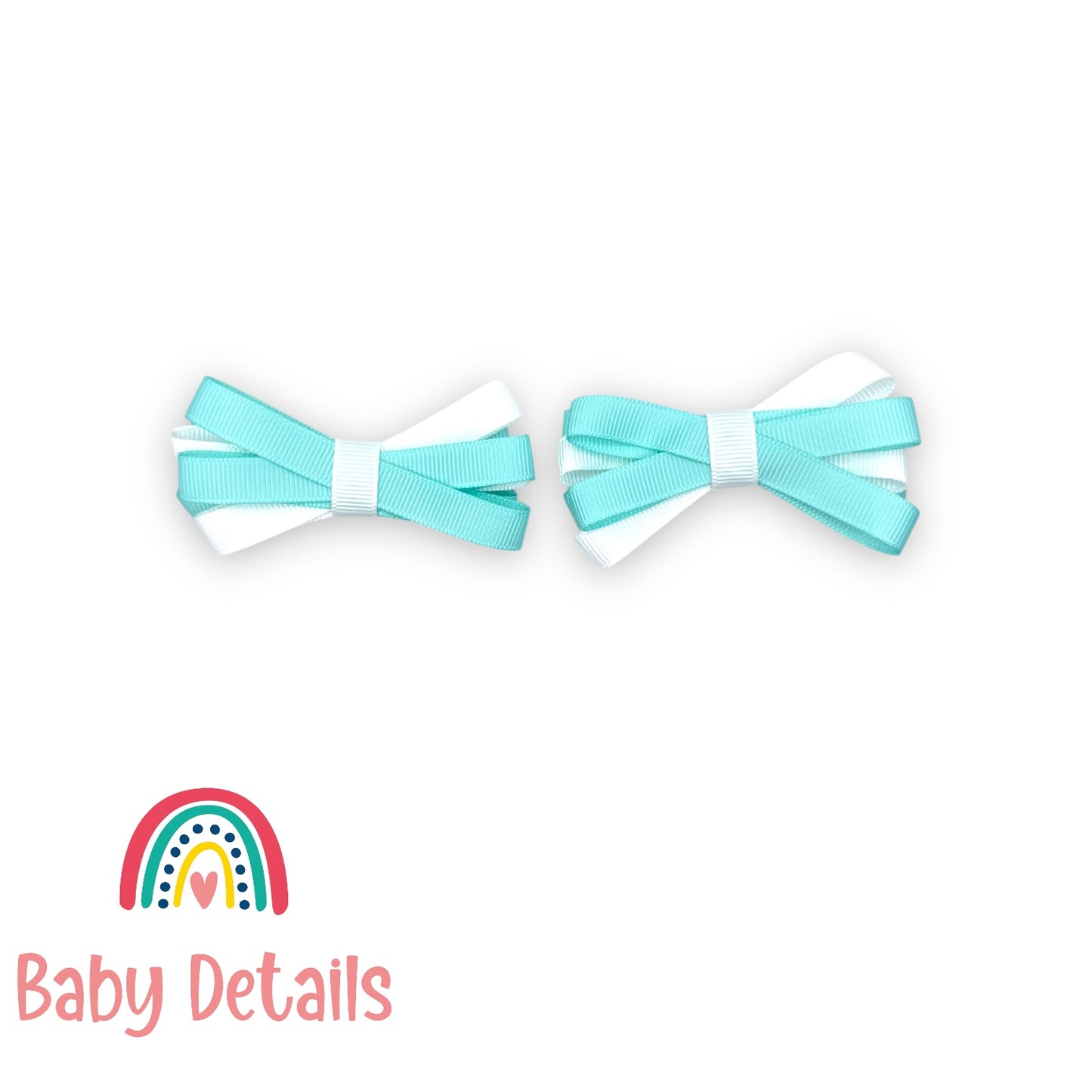 Set of 2 Thin Bow Hair Clips - Aqua Green & White