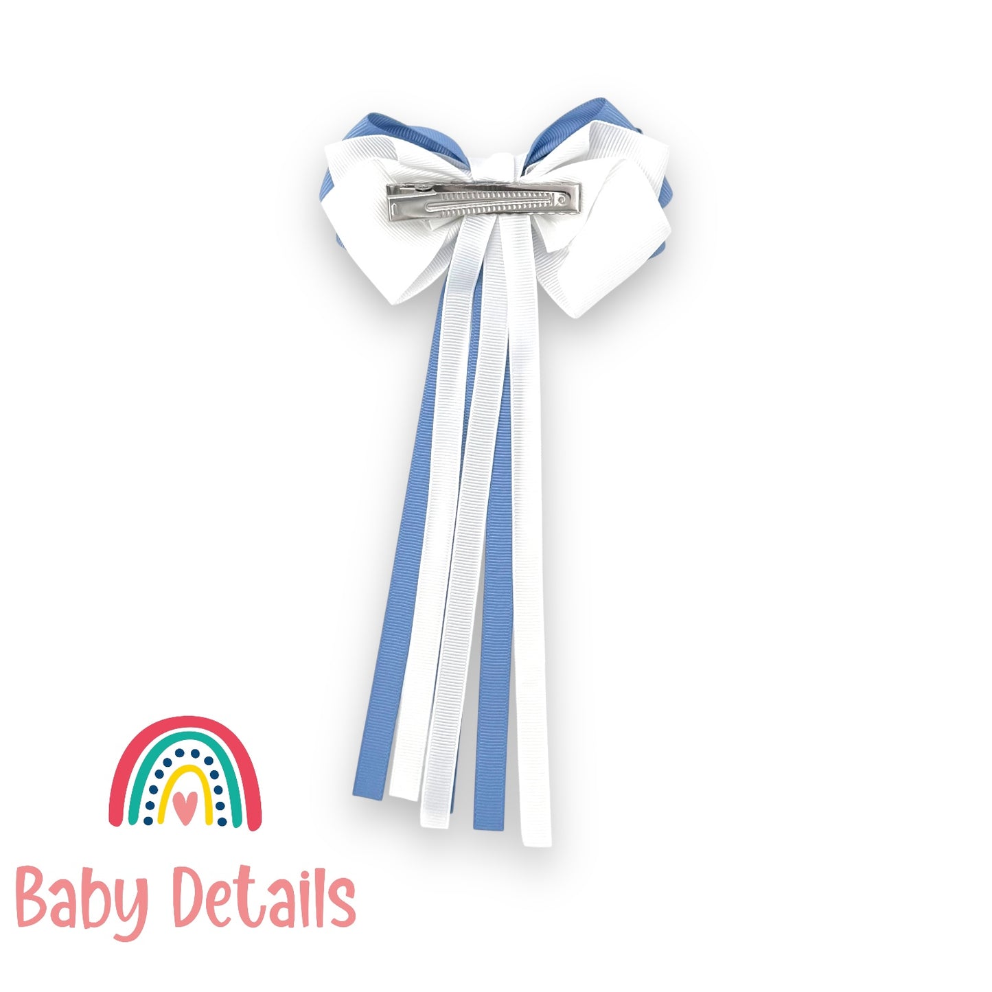 Big Bow Layers with Long Ribbons - Ice Blue & White