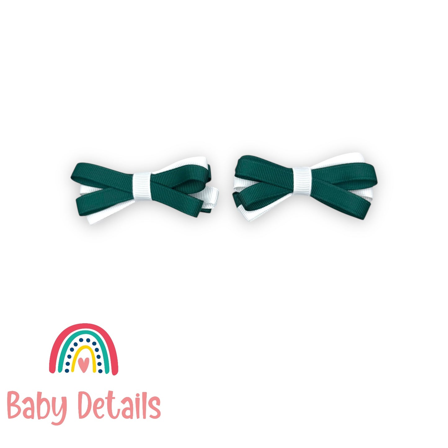 Set of 2 Thin Bow Hair Clips - Dark Green & White