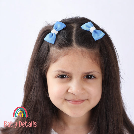 Set of 2 Mini Elegant Bow Hair Clips - Sky Blue & White