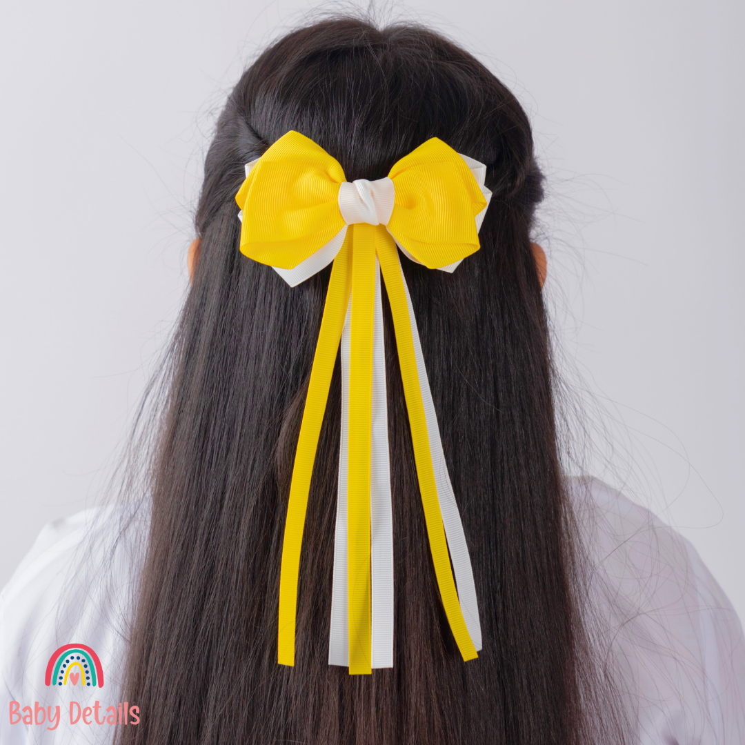 Big Bow Layers with Long Ribbons - Yellow & White