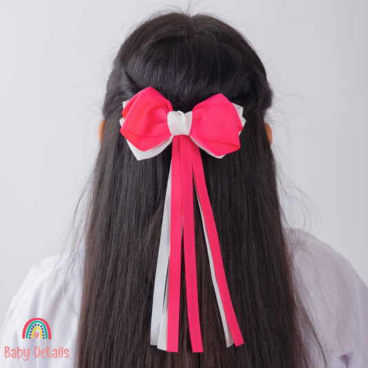 Big Bow Layers with Long Ribbons - Fuchsia & White
