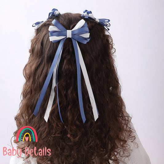 Thin Bow Long Ribbon Hair Clip - Blue Grey & White