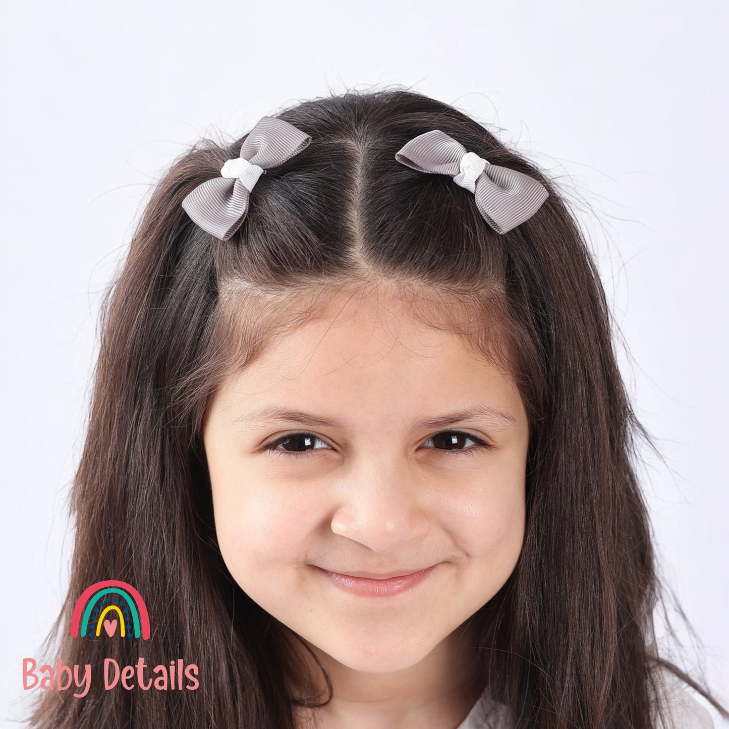 Set of 2 Mini Elegant Bow Hair Clips - Light Grey & White