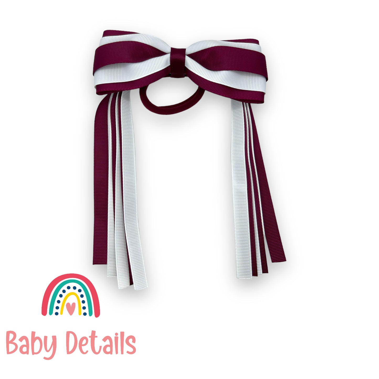 Hair Tie with long ribbons - Maroon & White