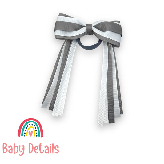 Hair Tie with long ribbons -  Light Grey & White