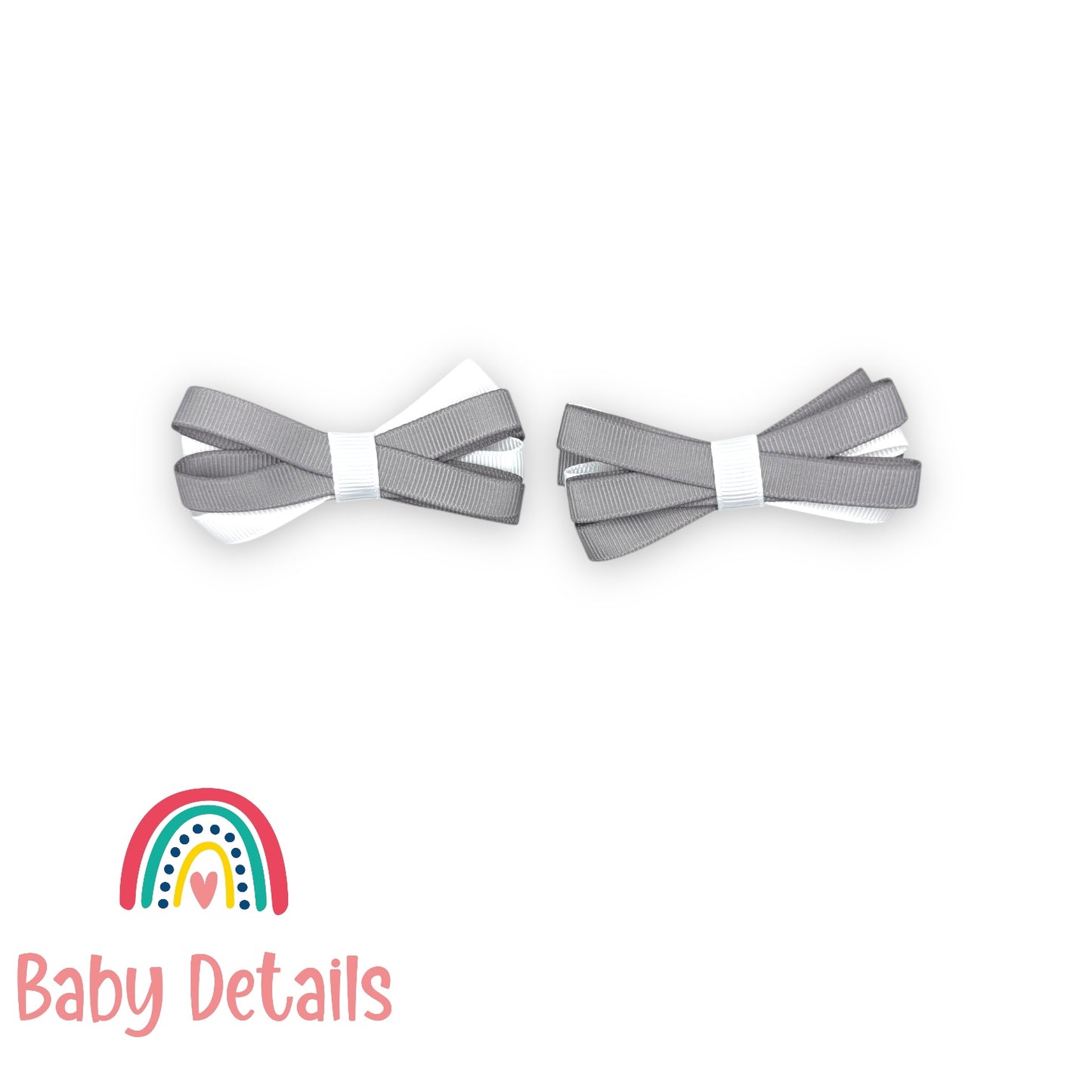 Set of 2 Thin Bow Hair Clips - Light Grey & White