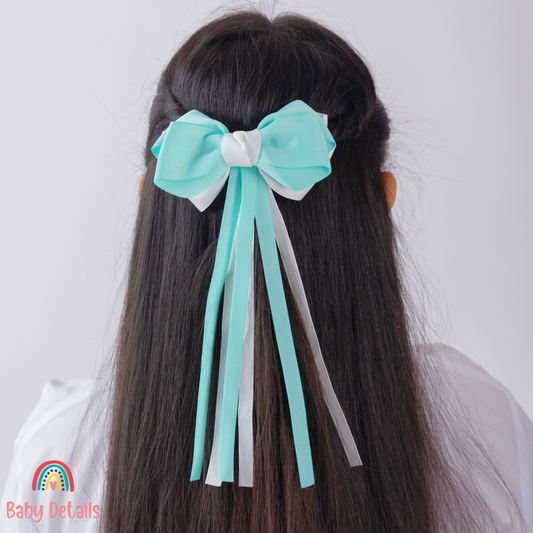Big Bow Layers with Long Ribbons - Aqua Green & White