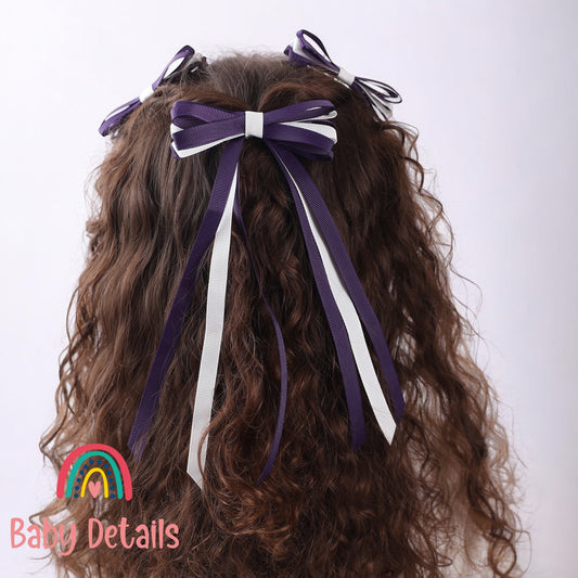 Thin Bow Long Ribbon Hair Clip - Dark Purple & White