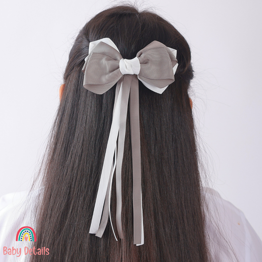 Big Bow Layers with Long Ribbons - Dark Grey & White
