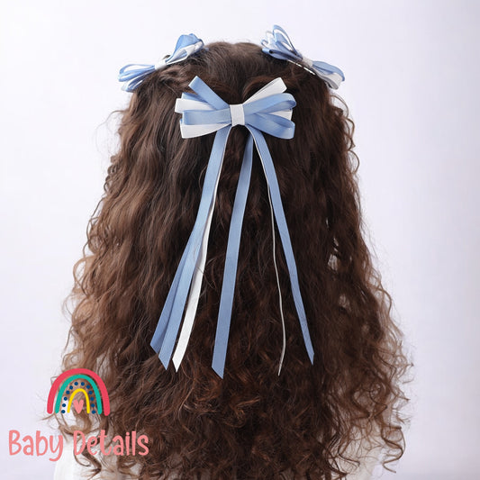 Thin Bow Long Ribbon Hair Clip - Ice Blue & White