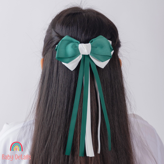 Big Bow Layers with Long Ribbons - Dark Green & White