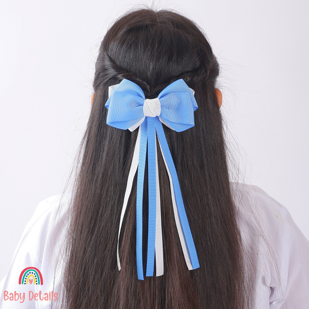 Big Bow Layers with Long Ribbons - Sky Blue & White