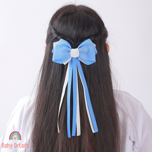 Big Bow Layers with Long Ribbons - Sky Blue & White