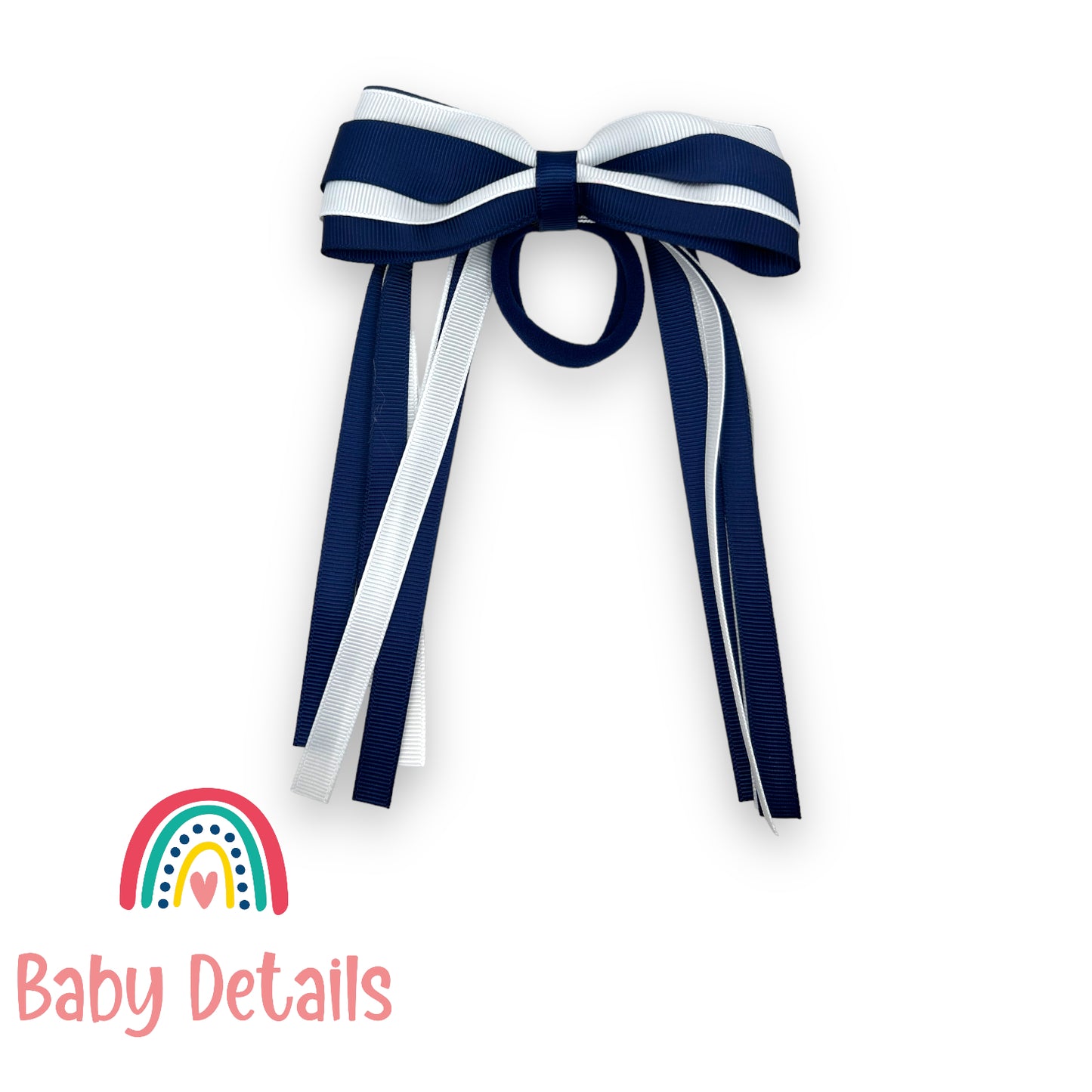 Hair Tie with long ribbons -  Navy Blue & White