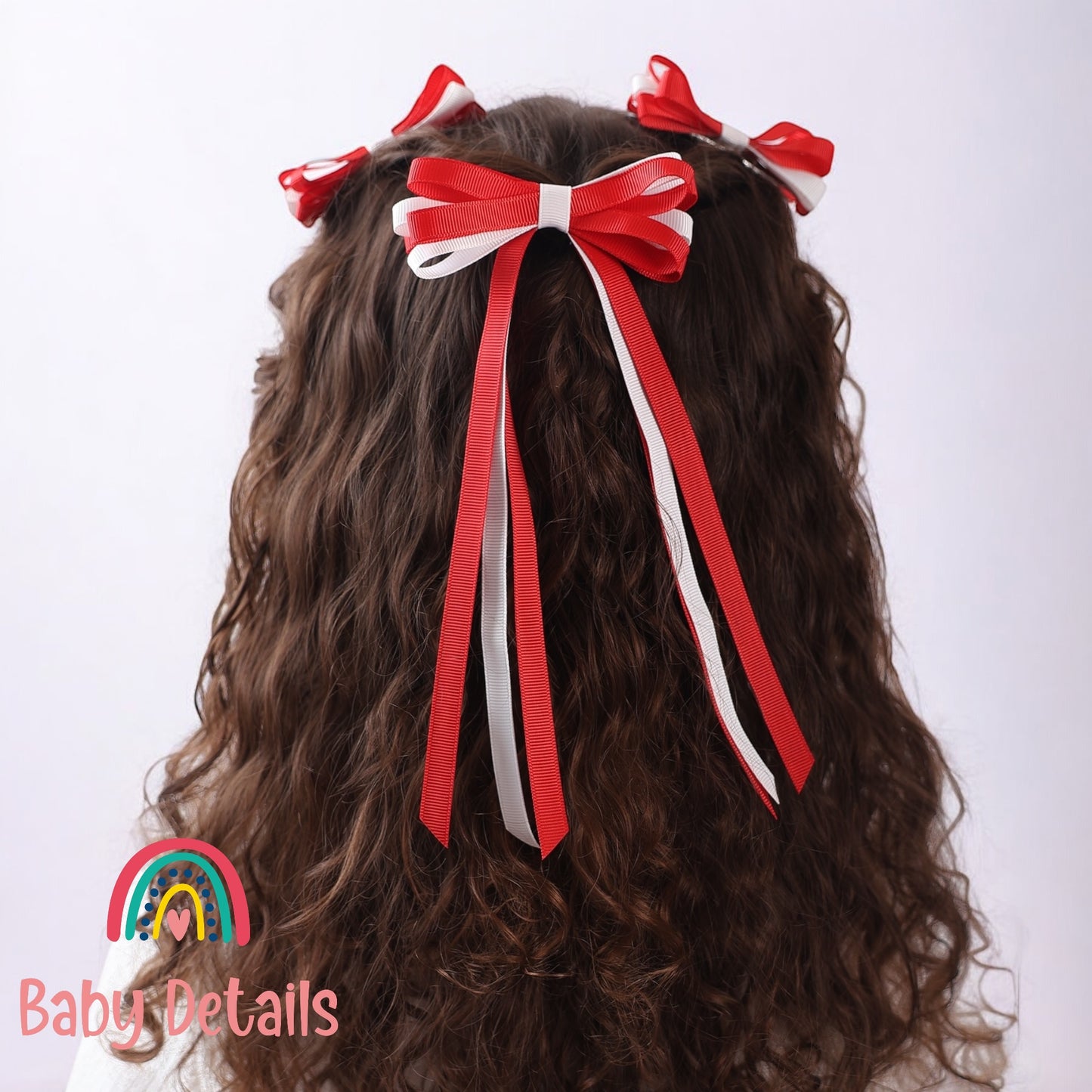 Thin Bow Long Ribbon Hair Clip - Red & White