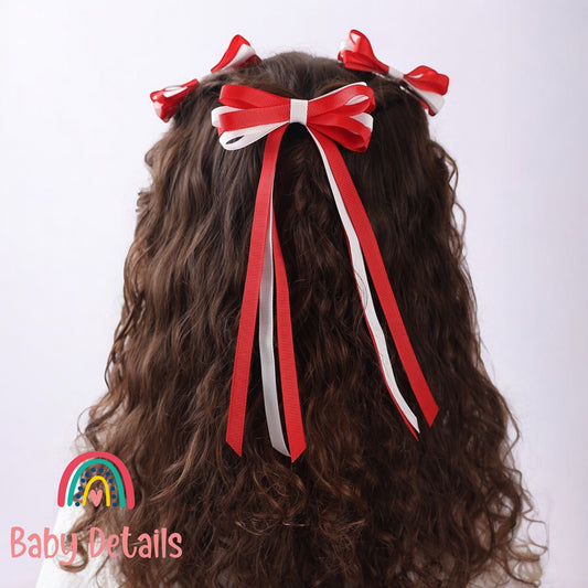 Thin Bow Long Ribbon Hair Clip - Red & White