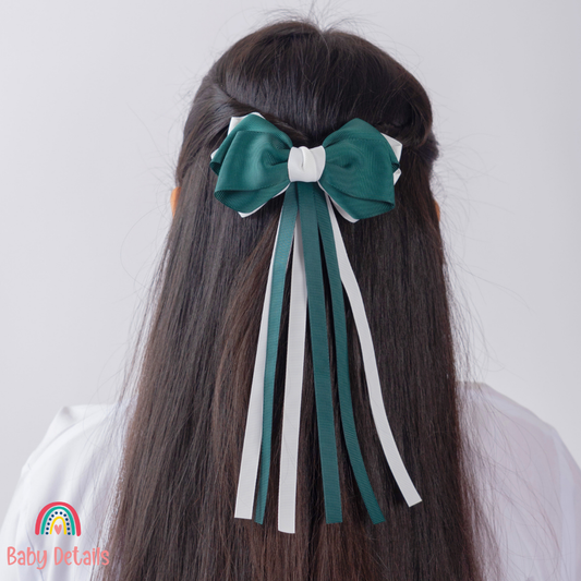 Big Bow Layers with Long Ribbons - Deep Green & White