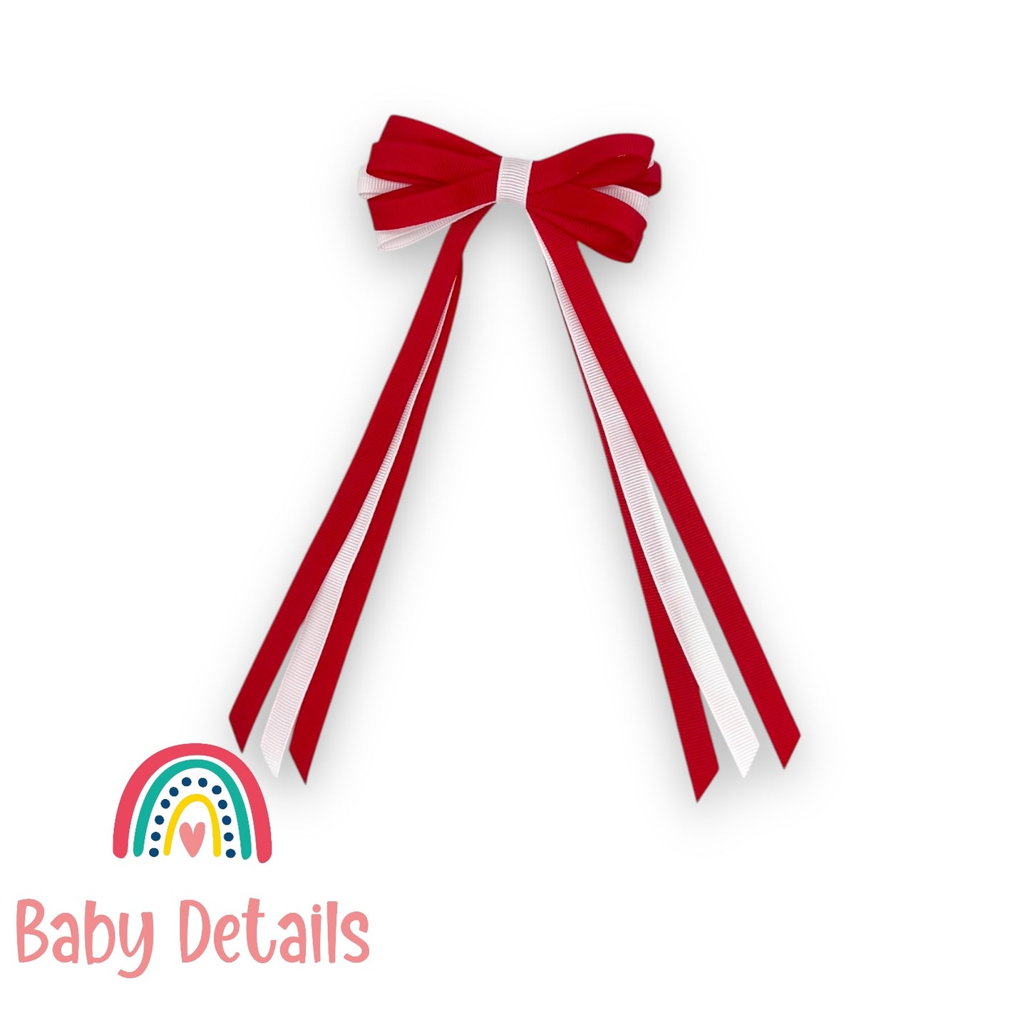 Thin Bow Long Ribbon Hair Clip - Red & White