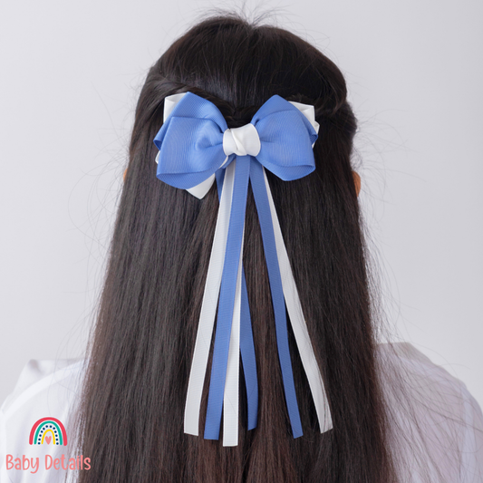 Big Bow Layers with Long Ribbons - Blue Grey & White