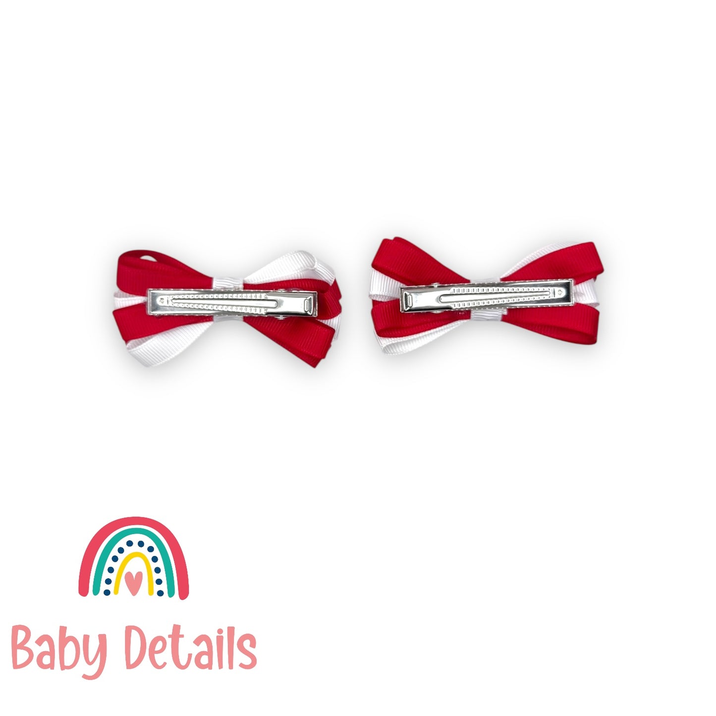 Set of 2 Thin Bow Hair Clips - Red & White