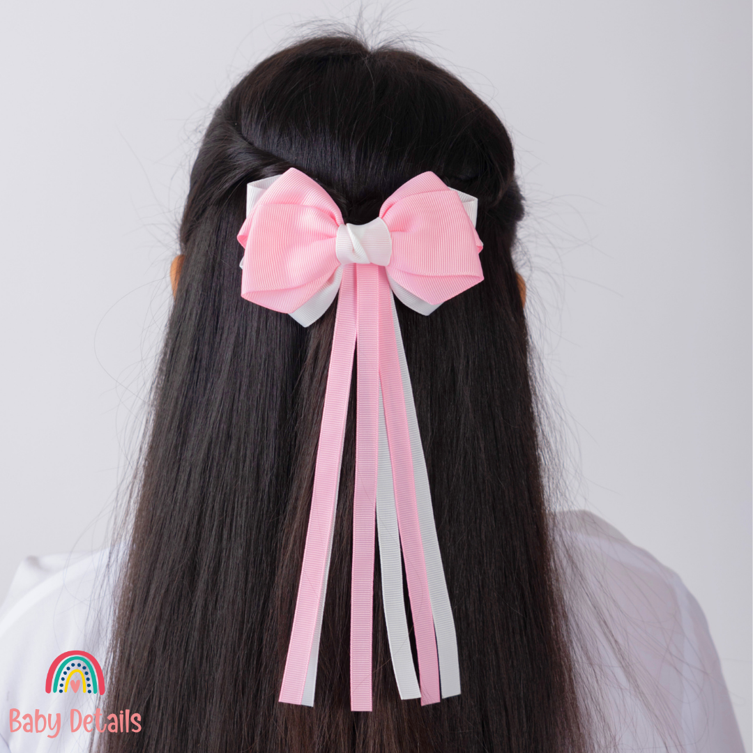 Big Bow Layers with Long Ribbons - Light Pink & White