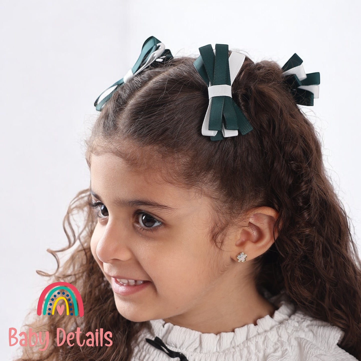 Set of 2 Thin Bow Hair Clips - Deep Green & White