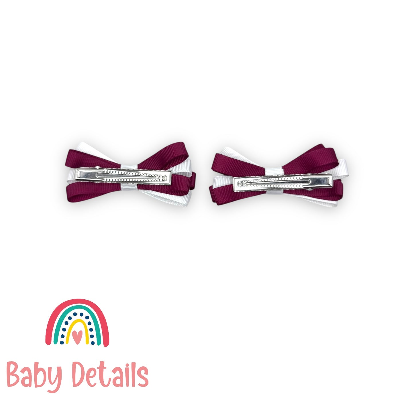 Set of 2 Thin Bow Hair Clips - Burgundy & White