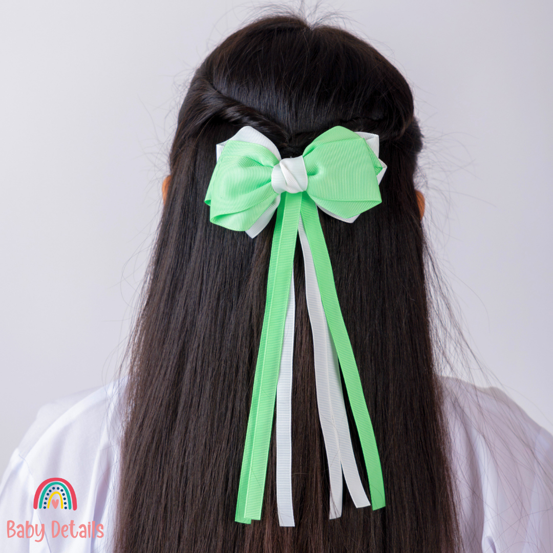 Big Bow Layers with Long Ribbons - Bright Green & White
