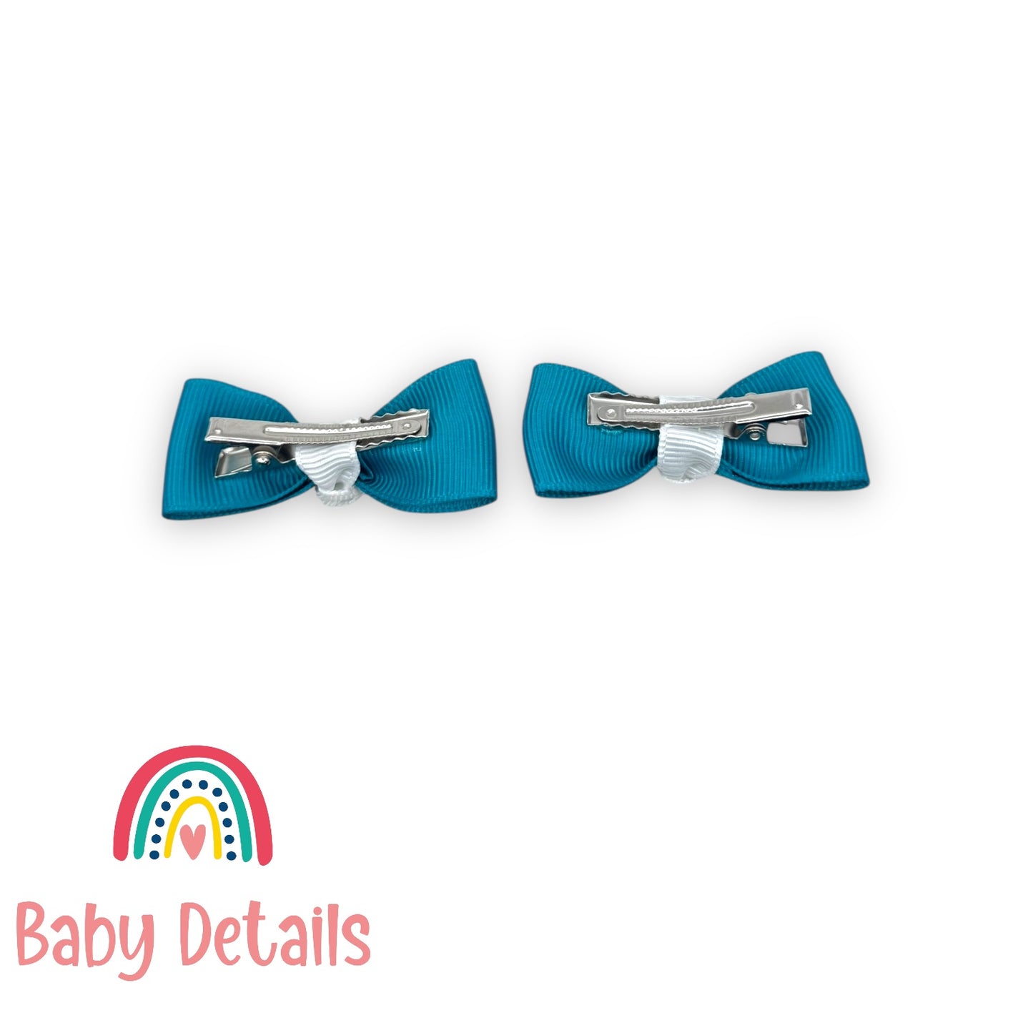 Set of 2 Mini Elegant Bow Hair Clips - Pacific Blue & White